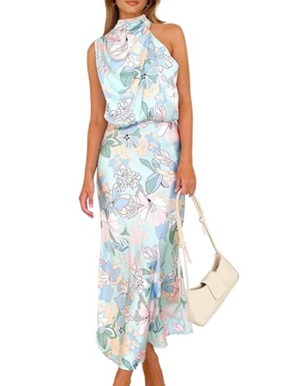 PrettyGarden Blue Floral Satin Sleeveless Mock Neck Satin Maxi Dress Large